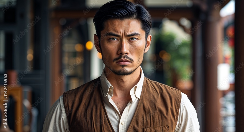 Asian man serious wearing brown vest looking on camera