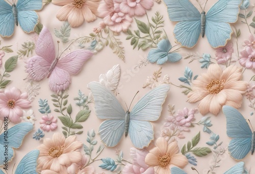 Soft pastel floral embroidery designs paired with delicate butterfly motifs in a seamless pattern, motifs, embroidery, pastel, delicate, seamless