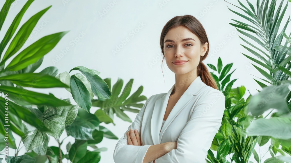 Female CEO in an eco-friendly workspace promoting sustainability and modern leadership on solid white background, Female CEO in an eco-friendly workspace promoting sustainability and modern leadership on solid white background,