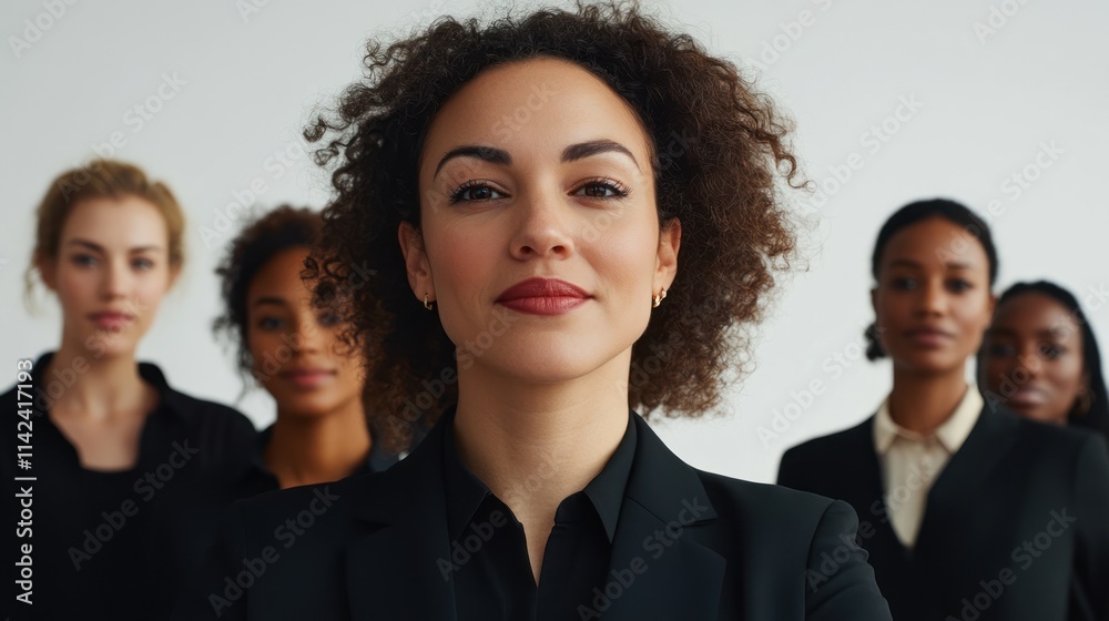 Female manager in formal corporate attire leading a diverse team with confidence on solid white background, Female manager in formal corporate attire leading a diverse team with confidence on solid white background,