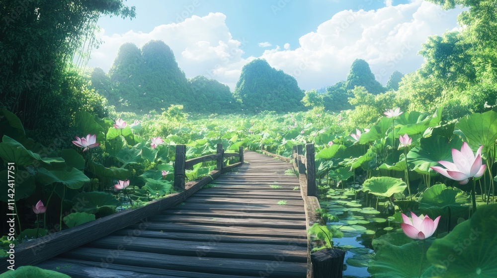 A wooden bridge in the middle of a lotus swamp during the day, framed by lush greenery and bright skies, with space for text A wooden bridge in the middle of a lotus swamp during the day, framed by lush greenery and bright skies, with space for text