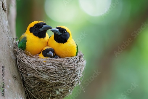 A family of birds nesting in a tree, with their colorful feathers and beaks adding vibrancy to the serene forest setting