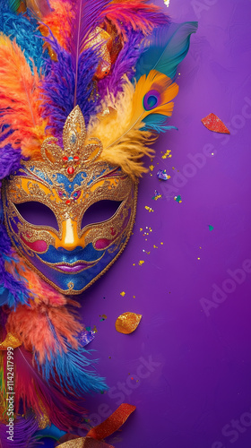 A Mardi Gras or Carnival mask with colorful feathers and copy space.