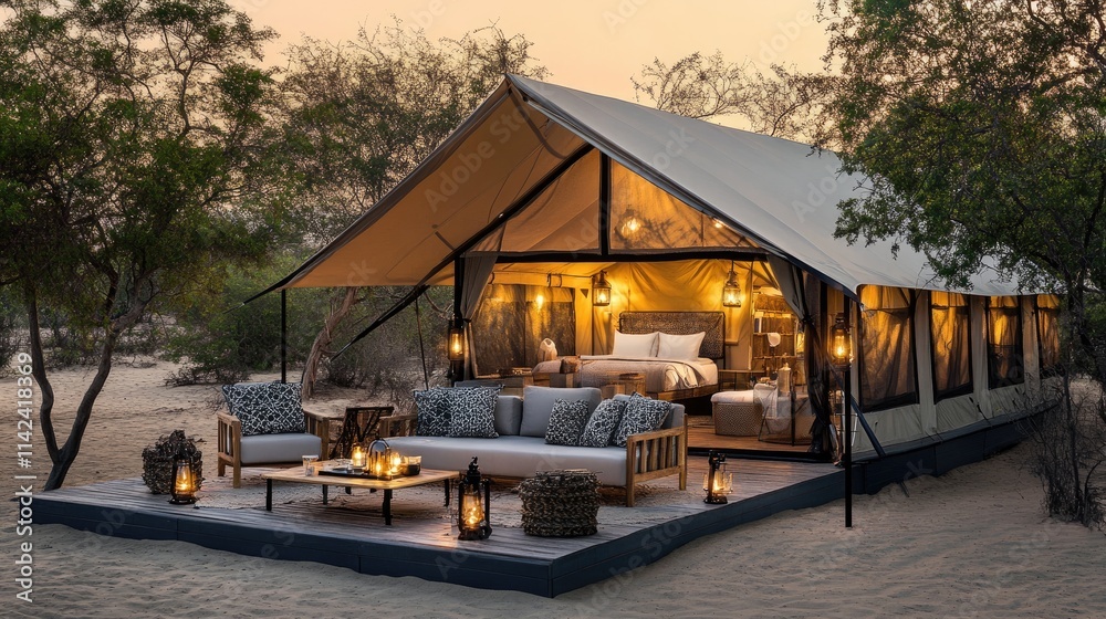 Cozy Desert Glamping Tent with Warm Lighting and Rustic Decor Cozy Desert Glamping Tent with Warm Lighting and Rustic Decor