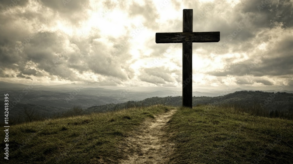 Wooden Cross on Hilltop Cloudy Sky, Path Composition, Spiritual Concept, Landscape Photography Cross, Spirituality Wooden Cross on Hilltop Cloudy Sky, Path Composition, Spiritual Concept, Landscape Photography Cross, Spirituality