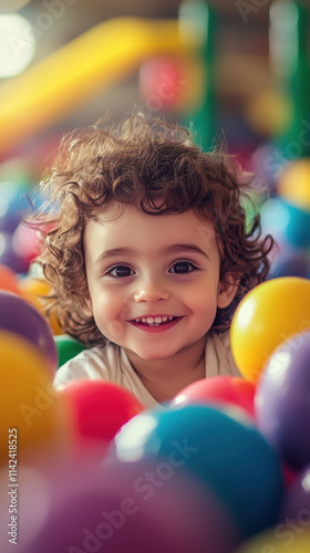 joyful toddler with curly hair smiles amidst colorful balls, radiating happiness and playfulness