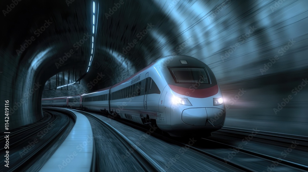 Naklejka premium A high-speed train entering a tunnel, with dynamic lighting and blurred motion showcasing its swift approach