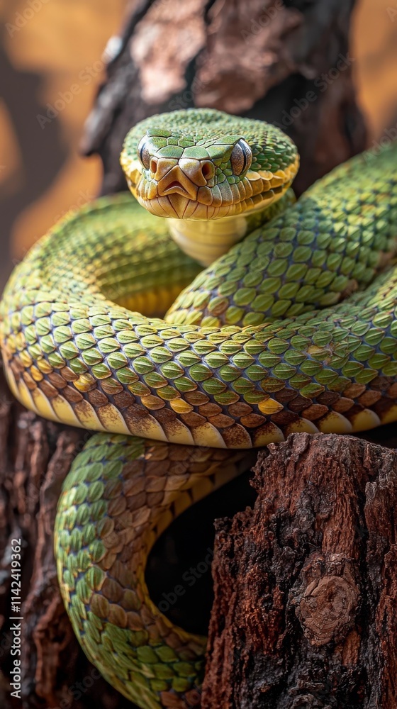Green Snake Coiled Around Tree Stump Green Snake Coiled Around Tree Stump