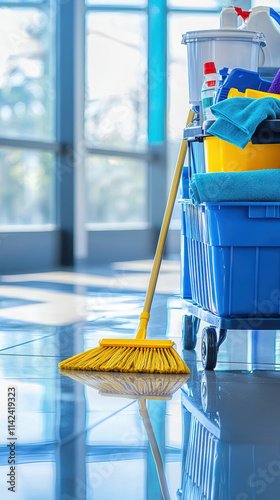 Cleaning supplies and mop in bright, modern space, reflecting on floor