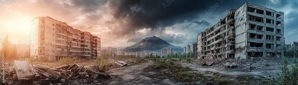 Post-Apocalyptic Cityscape Panoramic View of Destroyed Buildings, Volcanic Background, HDR Imaging Post-apocalyptic, Disaster Post-Apocalyptic Cityscape Panoramic View of Destroyed Buildings, Volcanic Background, HDR Imaging Post-apocalyptic, Disaster