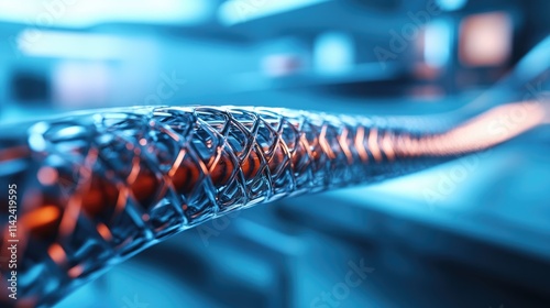 Close-up of bioengineered stents in a medical setting, designed for cardiovascular health, with space for explanatory text on the side.