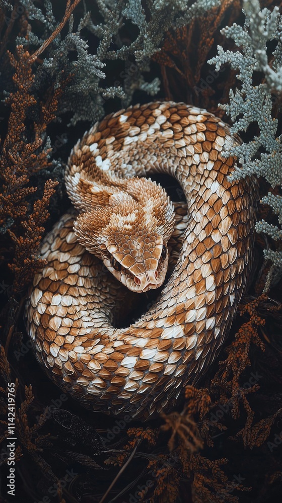 Naklejka premium Coiled Snake in Dense Underbrush
