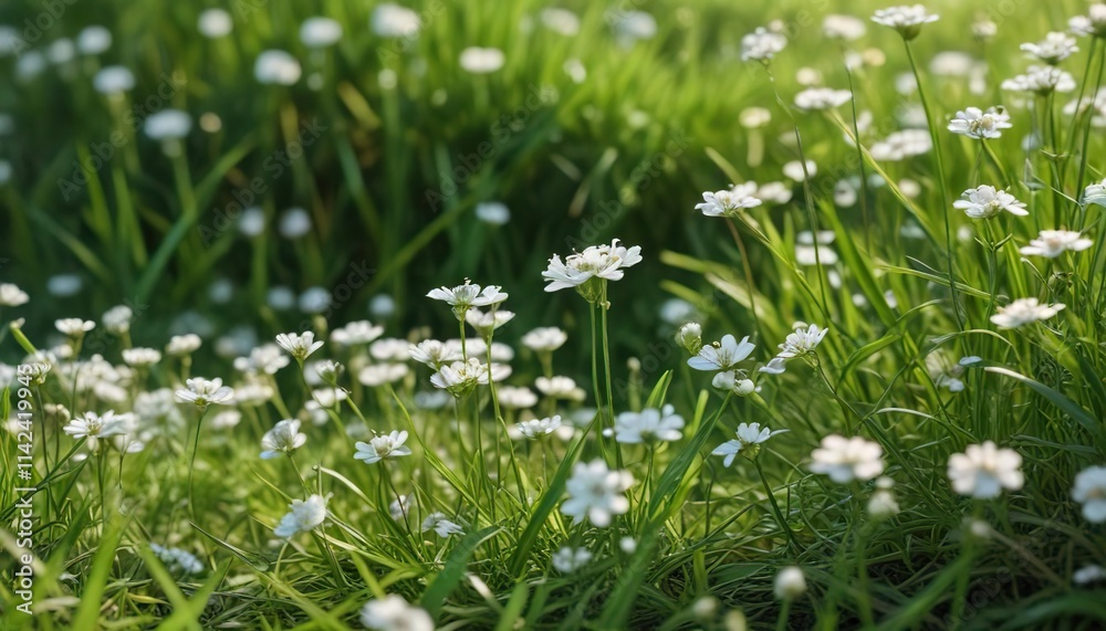 Tiny white Gypsophila flowers peeking out from between the blades of grass, natural scenery, small blooms, dry flowers Tiny white Gypsophila flowers peeking out from between the blades of grass, natural scenery, small blooms, dry flowers