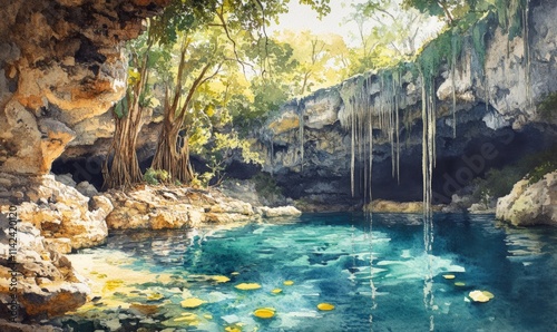 Watercolor Ik-Kil Cenote - Lovely cenote in Yucatan Peninsulla with transparent waters and hanging roots. Chichen Itza, Mexico