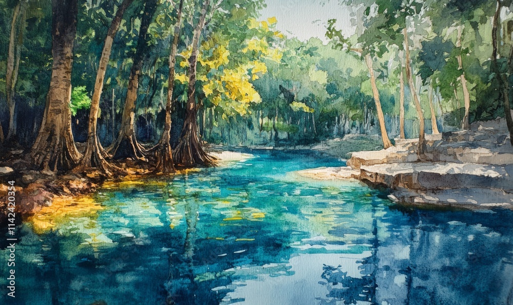 Naklejka premium Watercolor Ik-Kil Cenote - Lovely cenote in Yucatan Peninsulla with transparent waters and hanging roots. Chichen Itza, Mexico