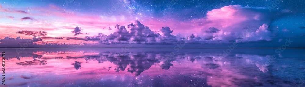 Fototapeta premium Celestial Reflection Pink and Purple Sunset Cloudscape, Starry Night, Mirror Lake, Landscape Photography, Nature, Serenity Keywords Sky, Water