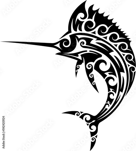 Maori tribal marlin swordfish animal tattoo. Hawaiian tribe sea animal vector symbol, New Zealand tribal marine nature or Samoan ethnic marlin swordfish print. Polynesian Maori ocean fish tattoo
