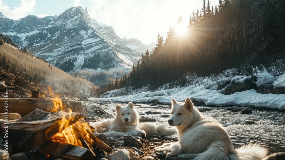 White dogs and campfires along a stream with snowy mountains in the background, bathed in sunlight, ideal for outdoor adventure content, with space for text White dogs and campfires along a stream with snowy mountains in the background, bathed in sunlight, ideal for outdoor adventure content, with space for text