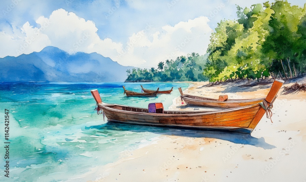 Watercolor Tropical beach, longtail boats at Lipe island in Satun, Thailand. Watercolor Tropical beach, longtail boats at Lipe island in Satun, Thailand.