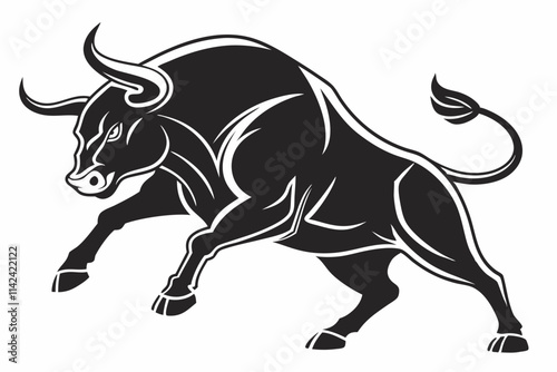 Bull Charging, A muscular bull in a dynamic charging stance vector silhouette on a white background