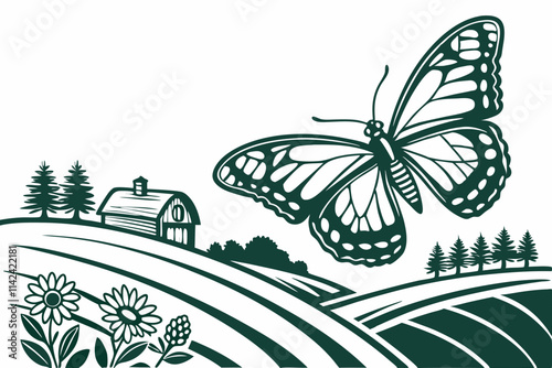 Butterfly, A butterfly mid-flight, adding charm to the farm scene vector silhouette on a white background