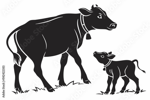 A young cow standing with a Calf  vector silhouette on a white background