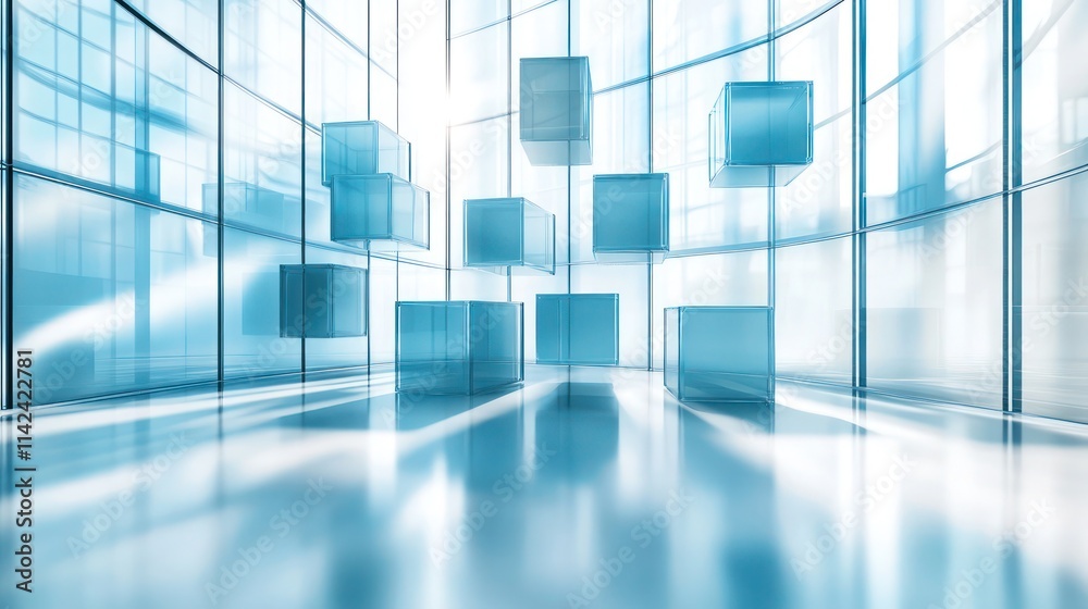 Modern, futuristic architecture interior with light blue cubes suspended in a large glass-walled space. Modern, futuristic architecture interior with light blue cubes suspended in a large glass-walled space.