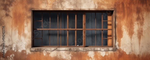 View of a rusty iron wall with a barred window  peephole  latch  inlet  enclosure  prison cell