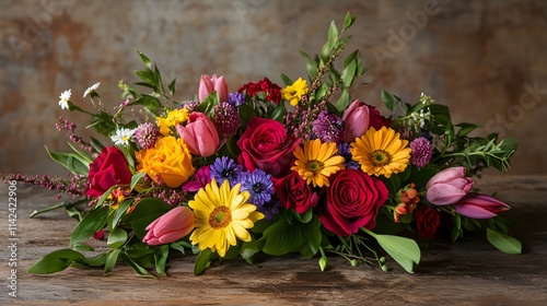Vibrant Colorful Flower Arrangement On Wooden Table