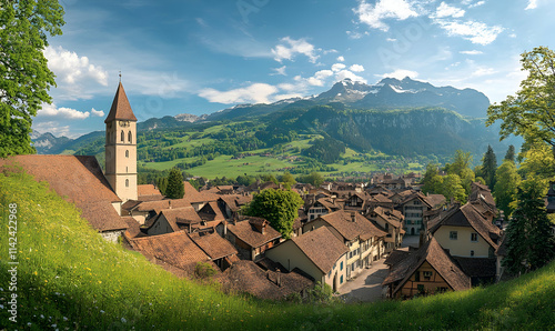 Panorama of Gruyeres medieval village with the castle houses and Saint Theodule photo