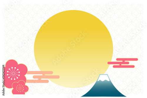 Japanese pattern background frame of plums and Mt. Fuji, spectacular view of Japan, New Year, New Year title banner, gold