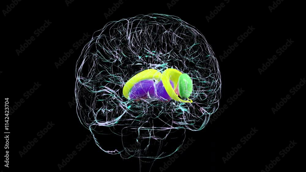 Caudate nucleus (yellow), putamen (green), globus pallidus (red), and thalamus (blue) in human brain, 3D animation.