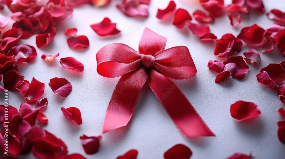 Romantic Arrangement of Red Rose Petals and a Bow Decorative Elements for Celebrations, Weddings, Anniversaries, or Special Events with a Soft Focus Background Romantic Arrangement of Red Rose Petals and a Bow Decorative Elements for Celebrations, Weddings, Anniversaries, or Special Events with a Soft Focus Background