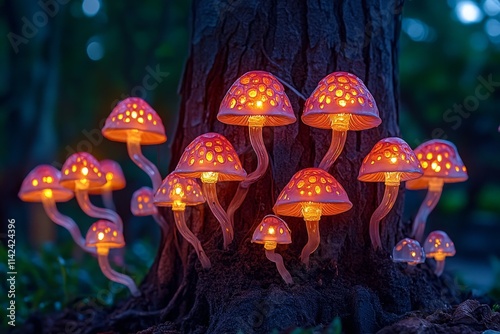 A group of mushrooms growing at the base of a tree, with intricate details of their caps and stems illuminated by soft light photo