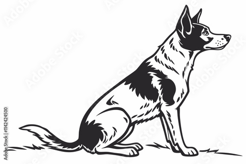 Dog Sitting, A loyal farm dog in a seated pose, with ears perked up vector silhouette on a white background