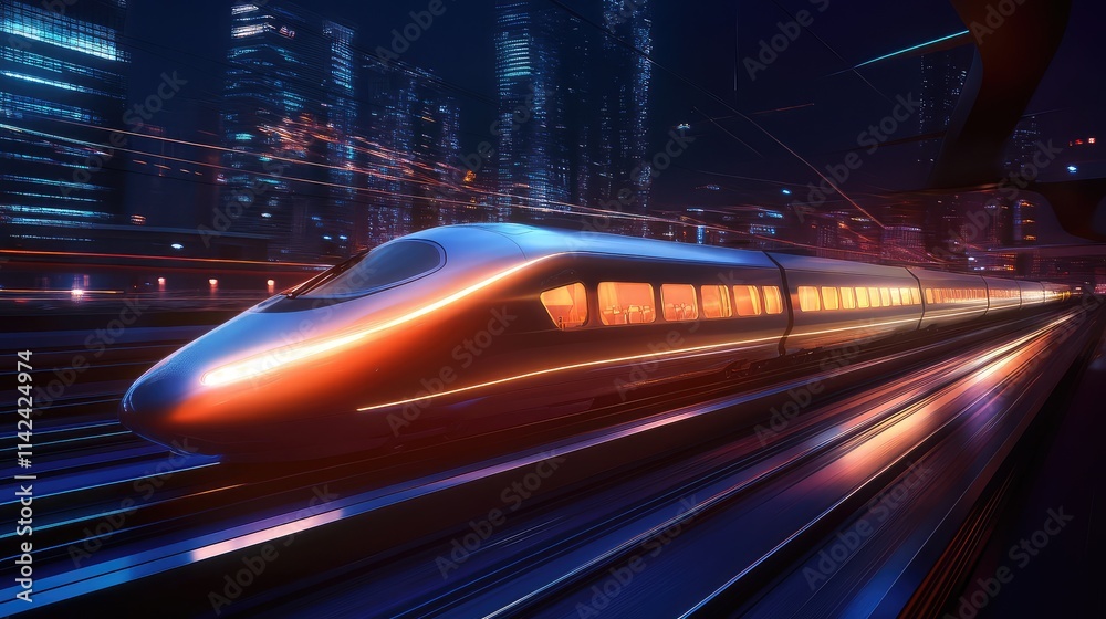 A high-speed train illuminated by city lights as it speeds through a vibrant urban area at night, leaving a glowing trail A high-speed train illuminated by city lights as it speeds through a vibrant urban area at night, leaving a glowing trail