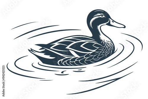 Duck Swimming, A duck with ripples around its body, showing water movement vector silhouette on a white background