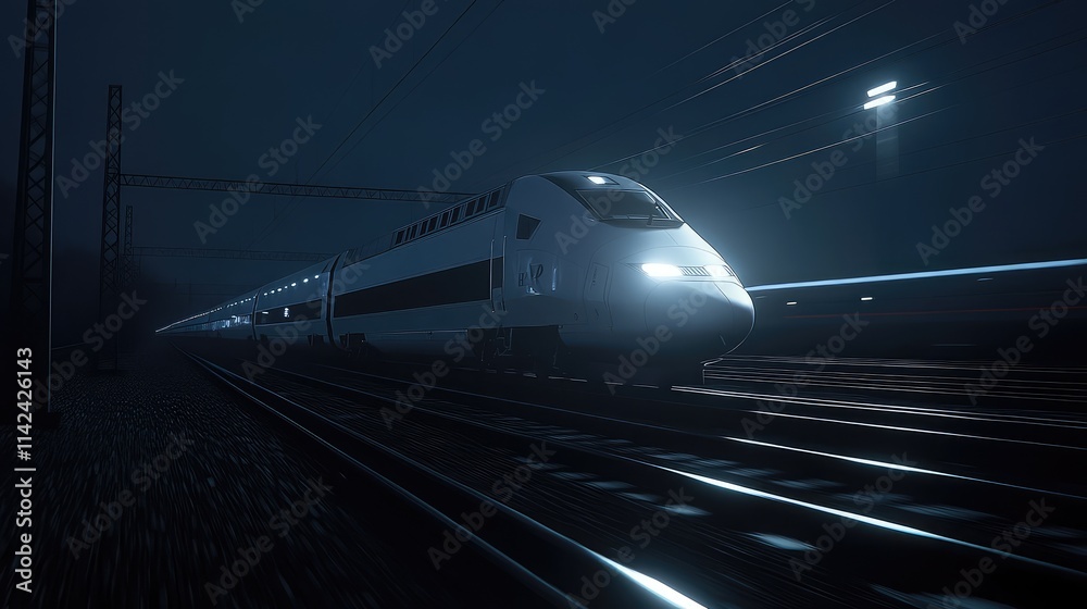 Naklejka premium A high-speed train illuminated by track-side lights as it speeds along a dark track at night, creating motion blur