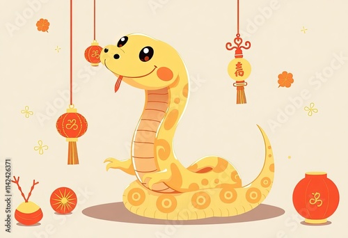 Chinese Snake Cartoon - Illustration Of A Snake - Snake With A Smile - Snake With Ornament Chinese - Red Lantern - Chinese New Year Shio Snake - Shio Ular  photo