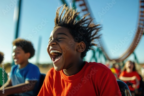 A young boy experiences pure joy on a roller coaster, his laughter echoing against the thrill of the ride. photo