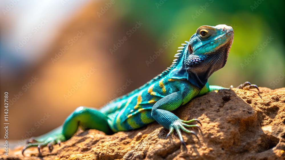 Fototapeta premium Iguana. A vibrant blue iguana resting on a rocky surface, showcasing its striking colors and distinctive features.
