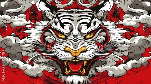 Fierce and Majestic White Tiger Surrounded by Dramatic Red Background and Swirling Clouds, Symbolizing Strength, Power, and Elegance in Artwork photo