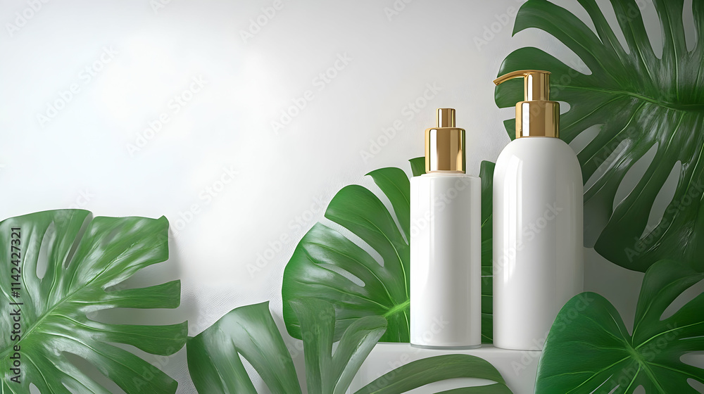 3D Render White Bottles Gold Caps Tropical Leaves Background 3D Render White Bottles Gold Caps Tropical Leaves Background