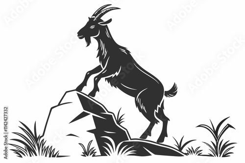 Goat Climbing, A goat standing on its hind legs or on a rock vector silhouette on a white background