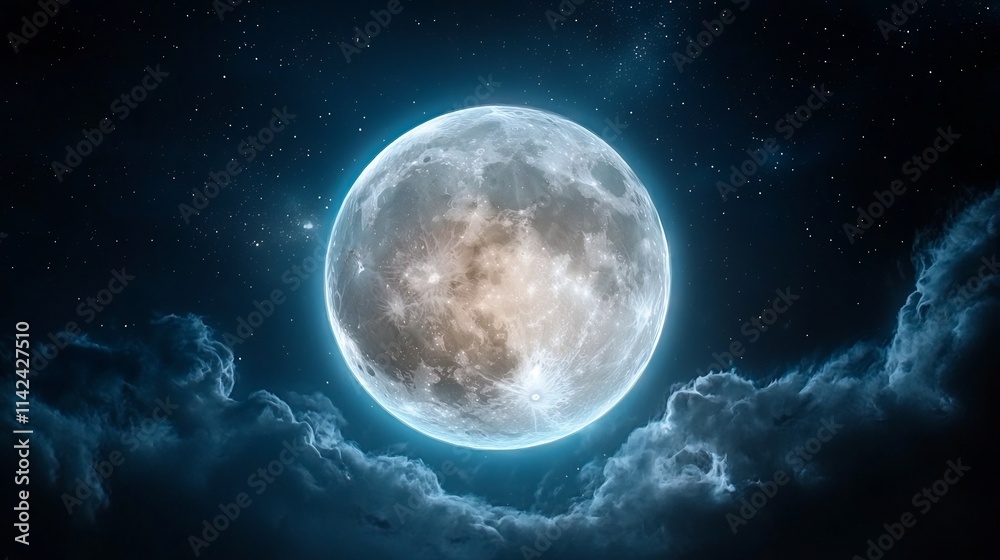 Glowing Celestial Moon Amid Wispy Midnight Clouds on Dramatic Blue Backdrop Glowing Celestial Moon Amid Wispy Midnight Clouds on Dramatic Blue Backdrop