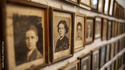 Rows of framed photographs of Holocaust victims