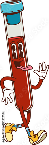Cartoon test tube groovy medicine and health character with sticking tongue. Isolated vector quirky laboratory beaker filled with a blood Retro personage for science, healthcare and medical work