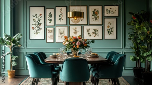 Elegant dining room with framed botanical prints  teal velvet chairs  and a wooden table.