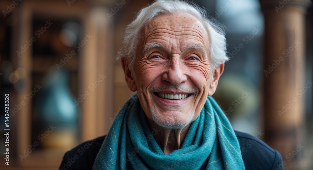 Caucasian elderly man happy wearing teal scarf looking on camera