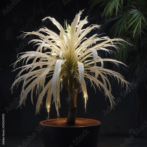 White ponytail palm flower glowing in the darkness, black background, close-up, tropical photo